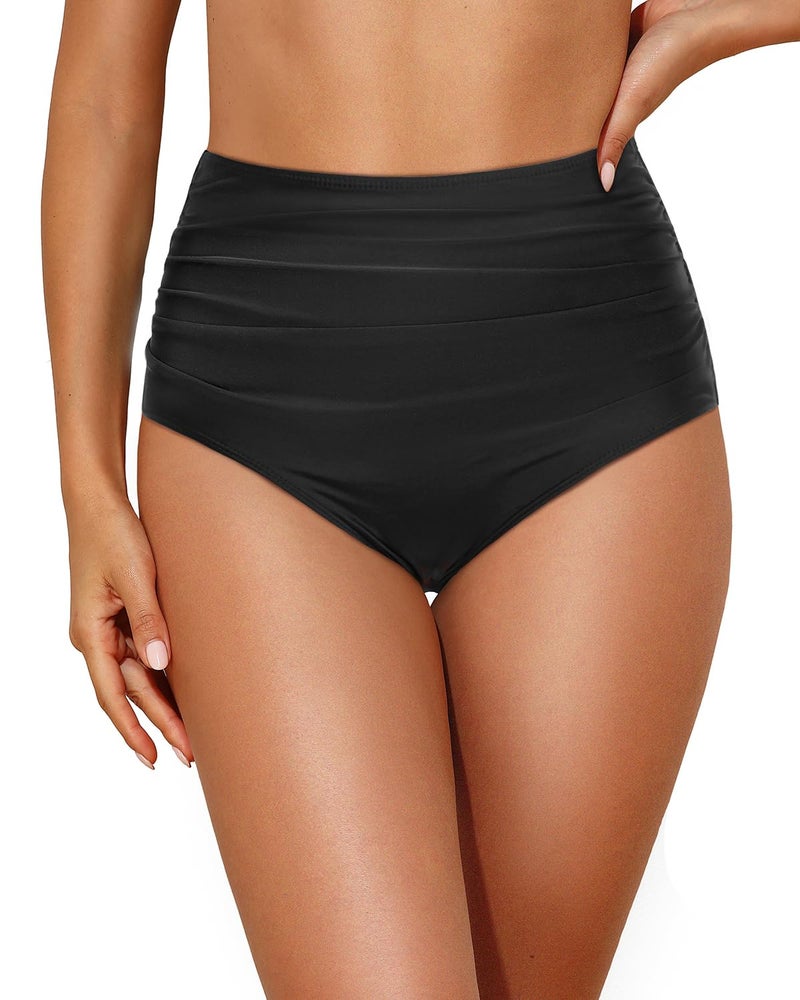Tempt Me Women Retro High Waist Bikini Bottom Black Ruched Swim Brief Bottom S - Image 1